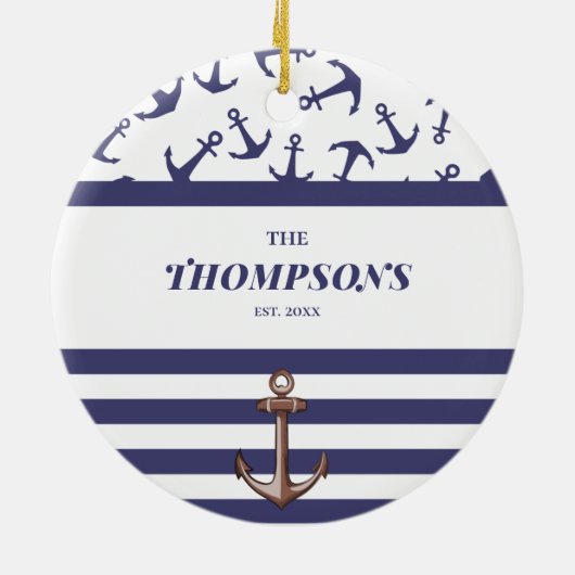 Nautical Anchor Pattern Navy Stripes Familienaam Keramisch Ornament (Achterkant)