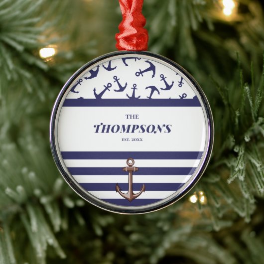 Nautical Anchor Pattern Navy Stripes Familienaam Metalen Ornament (Boom)