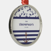 Nautical Anchor Pattern Navy Stripes Familienaam Metalen Ornament (Rechts)