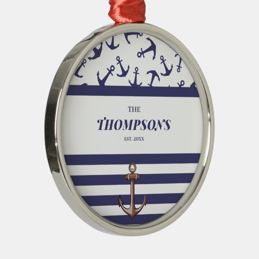 Nautical Anchor Pattern Navy Stripes Familienaam Metalen Ornament (Rechts)