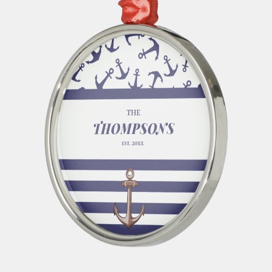 Nautical Anchor Pattern Navy Stripes Familienaam Metalen Ornament (Links)
