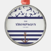 Nautical Anchor Pattern Navy Stripes Familienaam Metalen Ornament (Voorkant)