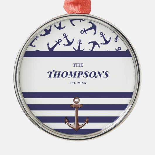 Nautical Anchor Pattern Navy Stripes Familienaam Metalen Ornament (Voorkant)