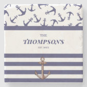 Nautical Anchor Pattern Navy Stripes Familienaam Stenen Onderzetter (Voorkant)