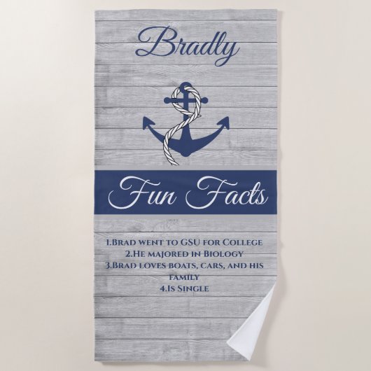 Nautical Anchor Personalized Navy Blue Fun Facts Strandlaken (Voorkant)