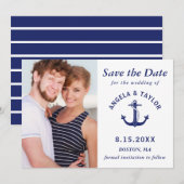 Nautical Anchor Photo Navy Blue Striped Save The Date (Voorkant / Achterkant)