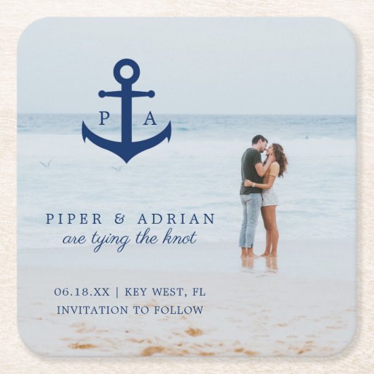 Nautical Anchor Photo Wedding Save the Date Kartonnen Onderzetters (Voorkant)