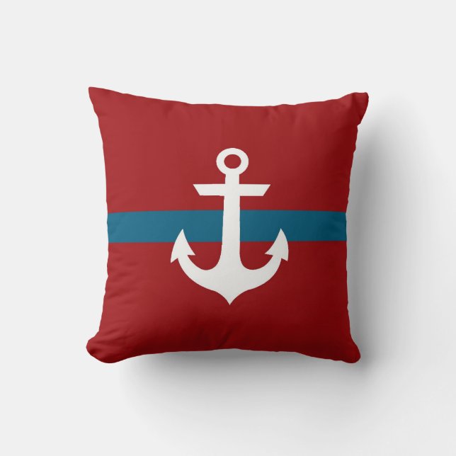 Nautical Anchor Pillow - Burgundy & Navy Blue Kussen (Voorkant)