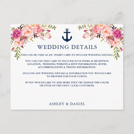 Nautical Anchor Pink Floral Wedding Details Kaart (Voorkant)