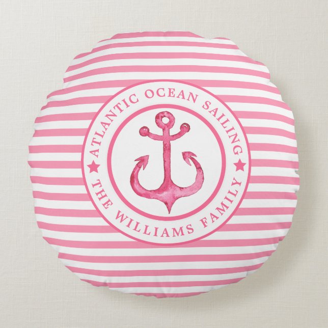 Nautical Anchor Pink Striped Personated Pillow Rond Kussen (Voorkant)