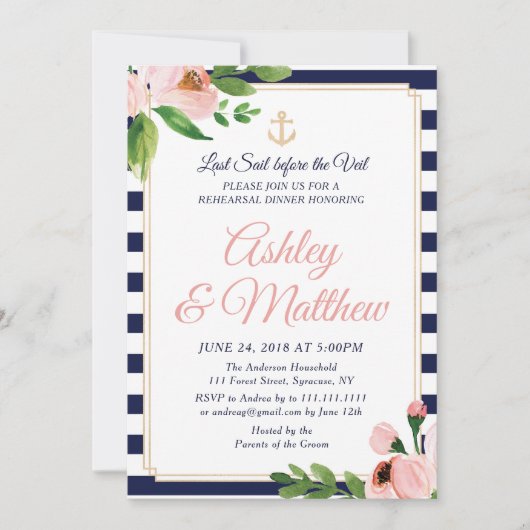 Nautical Anchor Rehearsal Dinner Invitation Kaart (Voorkant)