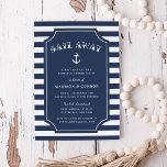 Nautical Anchor Rehearsal Dinner Invitation Kaart<br><div class="desc">Summery nautical themed rehearsal avondmaaltijd uitnodigingen in klassiek marinesblauw en wit zijn voorzien van een marineschijf en witte gestreepte achtergrond met uw evenementinformatie in wit op een blauw centrum voor de marine, geaccentueerd door de anker illustratie van een schip. Ideaal voor repetitieve diners op jachten, zeilboten of maaltijden op marina-,...</div>