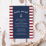 Nautical Anchor Rehearsal Dinner Invitation Kaart<br><div class="desc">Summery nautical themed rehearsal dineuitnodigingen in rood, wit en blauw kenmerken een rode en witte gestreepte achtergrond met je evenementeninformatie in wit op blauw van de marine, geaccentueerd door de anker illustratie van een schip en feestelijke typografie. Ideaal voor repetitieve diners op jachten, zeilboten of maaltijden op marina-, bootclub- of...</div>