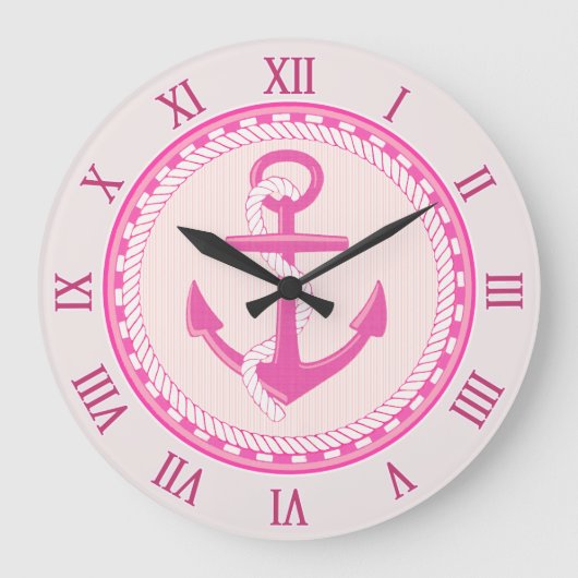 Nautical Anchor Roman Numerals Pink Wall Clock Grote Klok (Voorkant)