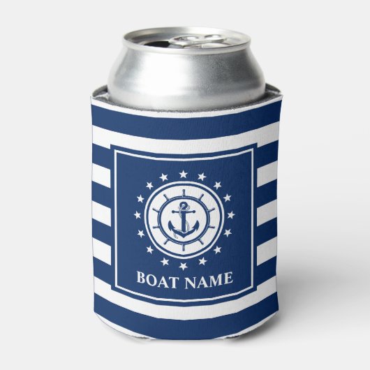 Nautical Anchor Rope Blue Striped Boat Name Stars Blikjeskoeler (Blikje Voorkant)