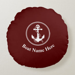 Nautical Anchor Rope Boat Name Deep Red Rond Kussen