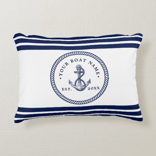 Nautical Anchor & Rope Boat Name Navy Blue & White Accent Kussen (Voorkant)