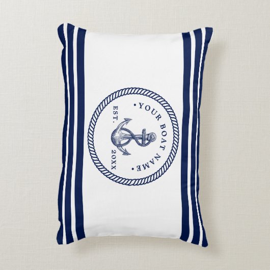 Nautical Anchor & Rope Boat Name Navy Blue & White Accent Kussen (Achterkant (Verticaal))