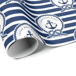Nautical Anchor & Rope Boat Name Navy Blue & White Cadeaupapier