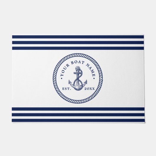 Nautical Anchor & Rope Boat Name Navy Blue & White Deurmat (Voorkant)