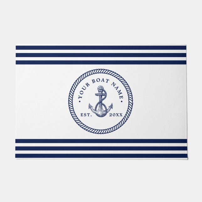 Nautical Anchor & Rope Boat Name Navy Blue & White Deurmat (Voorkant)