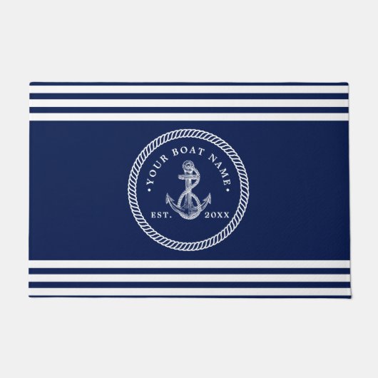 Nautical Anchor & Rope Boat Name Navy Blue & White Deurmat (Voorkant)