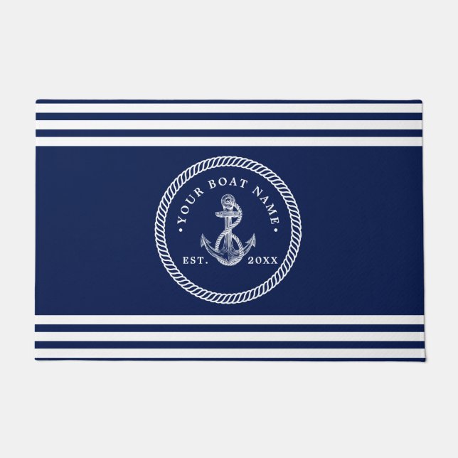 Nautical Anchor & Rope Boat Name Navy Blue & White Deurmat (Voorkant)