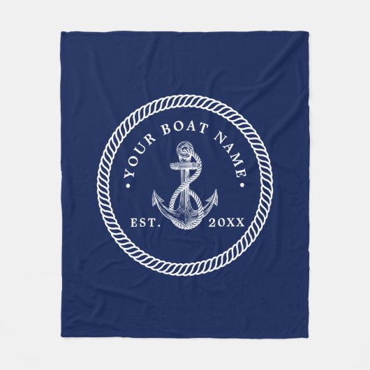 Nautical Anchor & Rope Boat Name Navy Blue & White Fleece Deken (Voorkant)