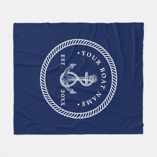 Nautical Anchor & Rope Boat Name Navy Blue & White Fleece Deken (Voorkant (Horizontaal))