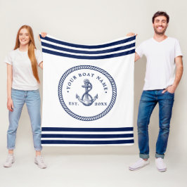 Nautical Anchor & Rope Boat Name Navy Blue & White Fleece Deken