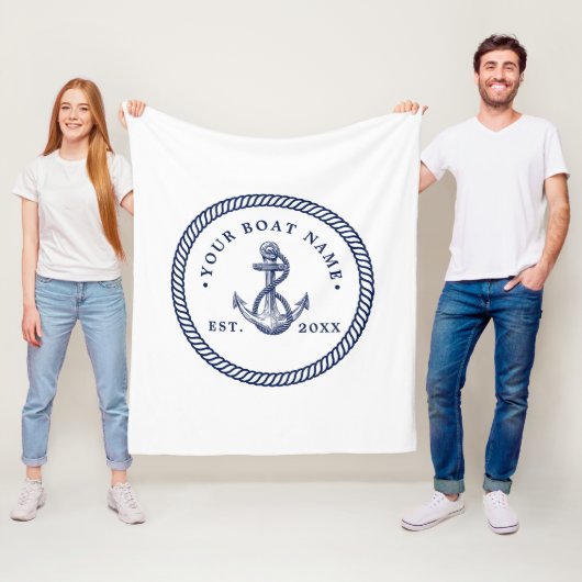Nautical Anchor & Rope Boat Name Navy Blue & White Fleece Deken (In situ)