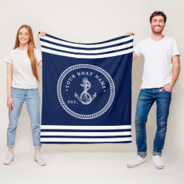 Nautical Anchor & Rope Boat Name Navy Blue & White Fleece Deken