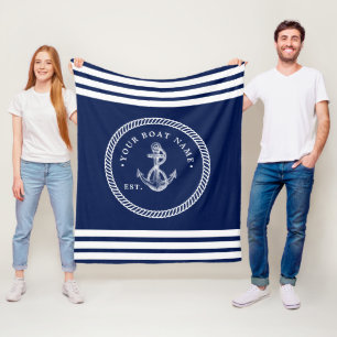 Nautical Anchor & Rope Boat Name Navy Blue & White Fleece Deken