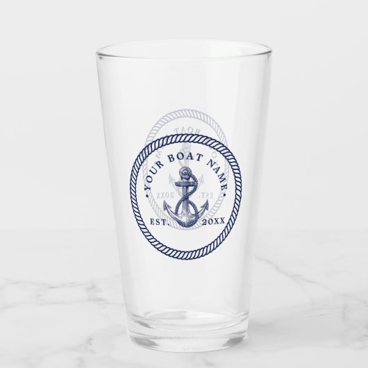 Nautical Anchor & Rope Boat Name Navy Blue & White Glas (Achterkant)