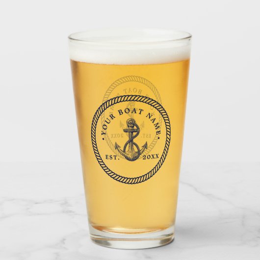 Nautical Anchor & Rope Boat Name Navy Blue & White Glas (Achterkant gevuld)