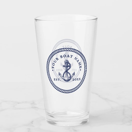 Nautical Anchor & Rope Boat Name Navy Blue & White Glas (Voorkant)