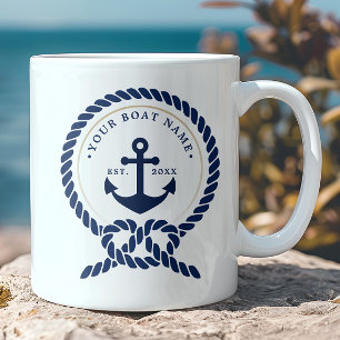 Nautical Anchor & Rope Boat Name Navy Blue & White Koffiemok
