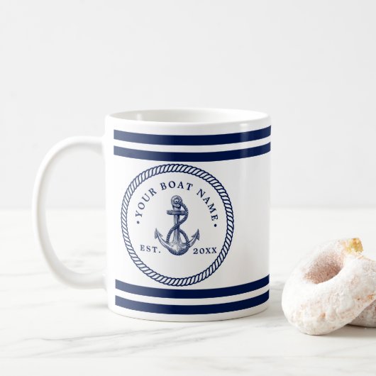 Nautical Anchor & Rope Boat Name Navy Blue & White Koffiemok (Met donut)