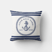 Nautical Anchor & Rope Boat Name Navy Blue & White Kussen (Voorkant)
