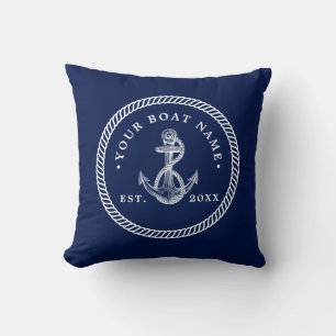 Nautical Anchor & Rope Boat Name Navy Blue & White Kussen