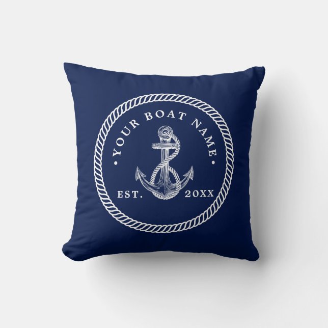 Nautical Anchor & Rope Boat Name Navy Blue & White Kussen (Voorkant)