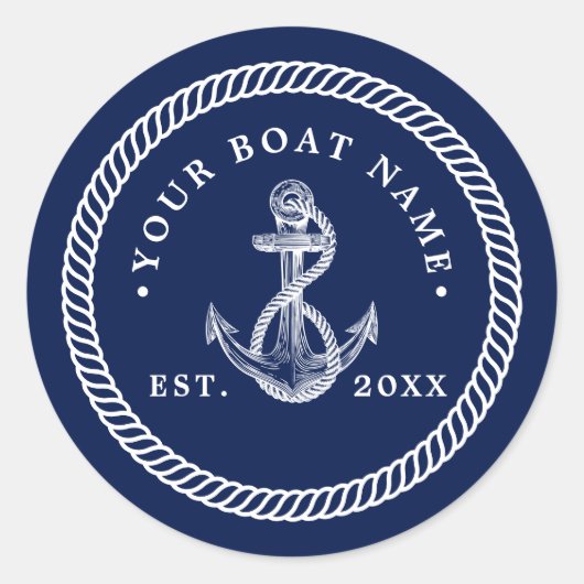 Nautical Anchor & Rope Boat Name Navy Blue & White Ronde Sticker (Voorkant)