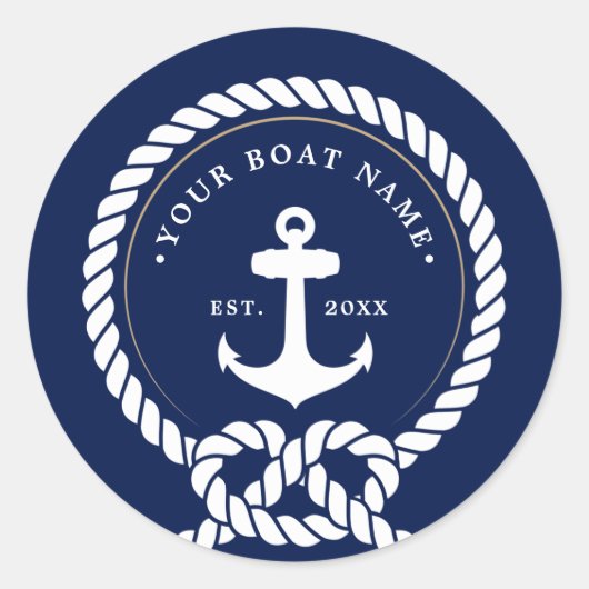 Nautical Anchor & Rope Boat Name Navy Blue & White Ronde Sticker (Voorkant)