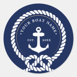 Nautical Anchor & Rope Boat Name Navy Blue & White Ronde Sticker