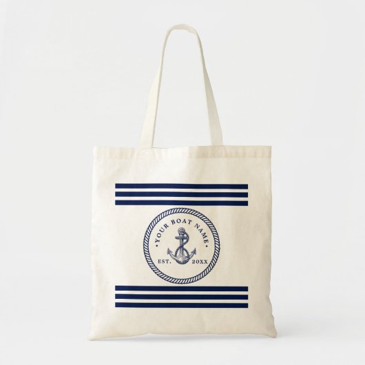 Nautical Anchor & Rope Boat Name Navy Blue & White Tote Bag (Voorkant)