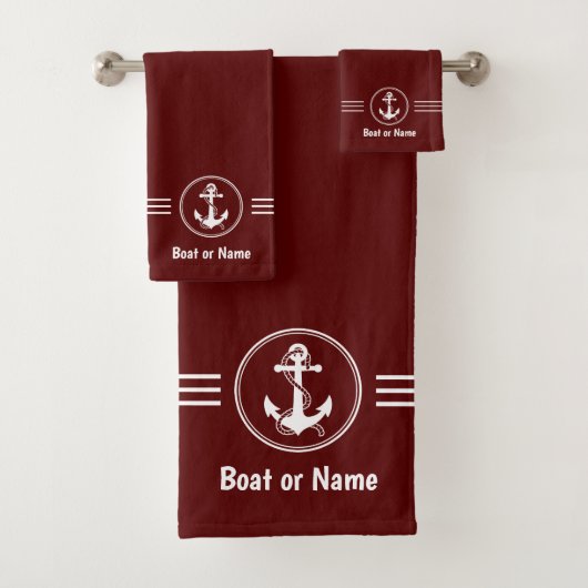 Nautical Anchor Rope Boat of Jouw naam Deep Red Bad Handdoek (Insitu)