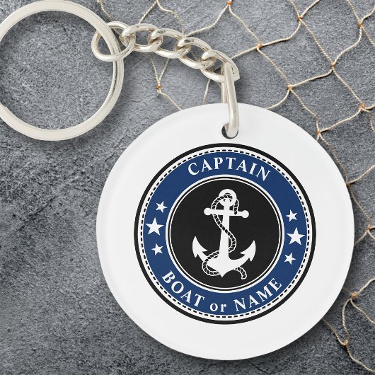 Nautical Anchor & Rope Captain of Boat Name Navy Sleutelhanger