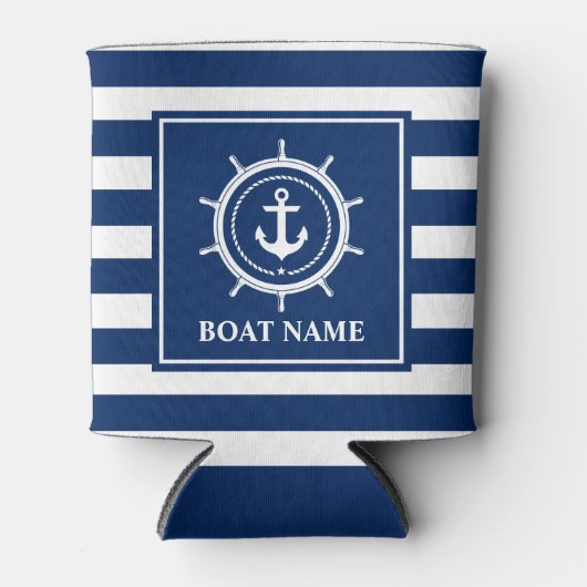 Nautical Anchor Rope Helm Striped Boat Name Blikjeskoeler (Voorkant)