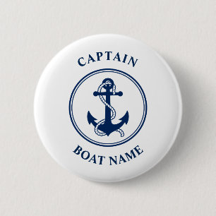 Nautical Anchor Rope Kapitein Boat Name Navy Blue Ronde Button 5,7 Cm