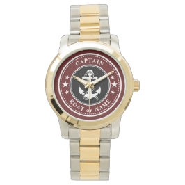 Nautical Anchor & Rope Kapitein Boat Name Navy Red Horloge
